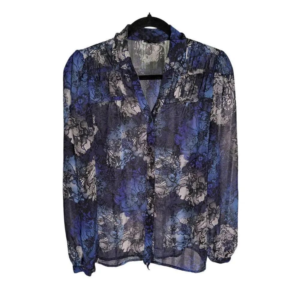 East 5th Blue Black Sheer Floral Long Sleeve Button Front Blouse Size SMALL